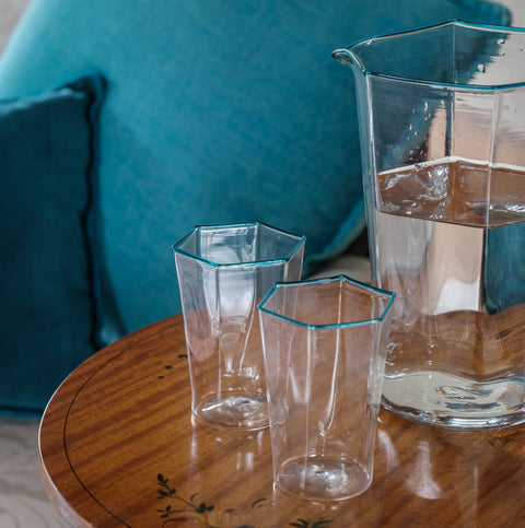 Set of six hexagonal handmade Murano crystal glasses with aquamarine rim