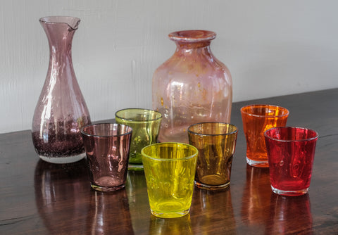 Set of six multicoloured mouthblown Murano glass waterglasses: